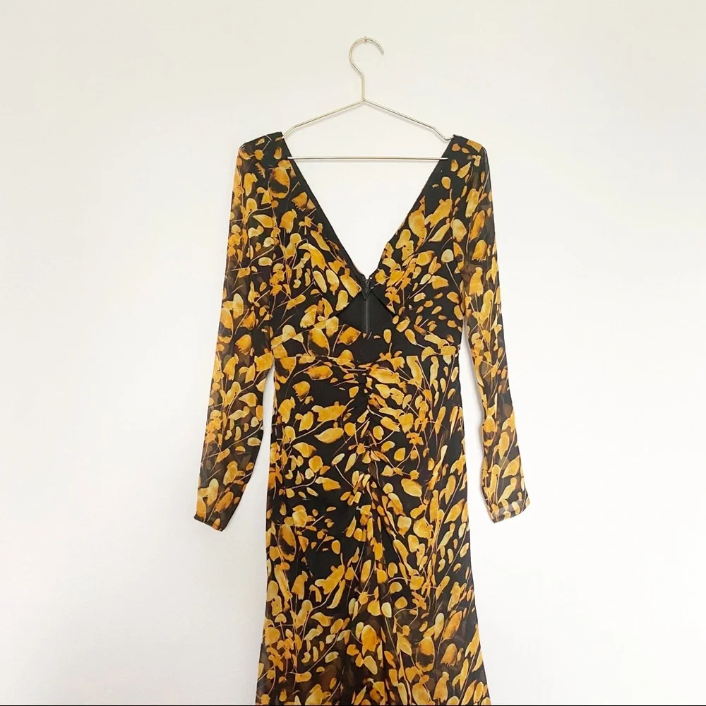 Sau Lee Michella Leaf Print Midi Dress Plunge Black Marigold Spring Boho Size 2 - Picture 9 of 15